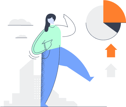 Person working on a laptop with a clock and cityscape, representing productivity.